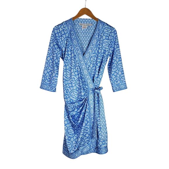 Gretchen Scott Designs Dresses & Skirts - Gretchen Scott Wrap Me Up Dress 3/4 Sleeve Stretch Size M Blue Jersey Geo Print